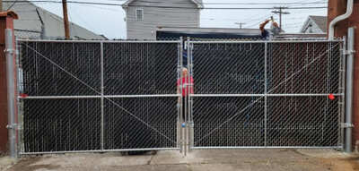 Chain Link - Galvanized Double Gate (w/ Slats) fence installation in New Jersey | Fence Pro by Bruno