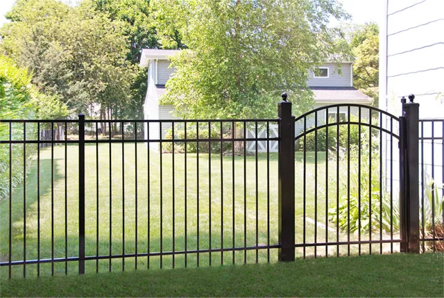 Eastern Ornamental Style 202 — 48-inch black aluminum with smooth top rail and accent gate
