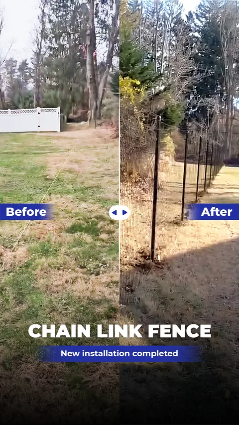 Chain link fence new installation completed — before and after