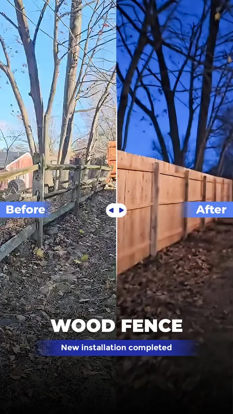 New wood privacy fence replacing an old split-rail fence