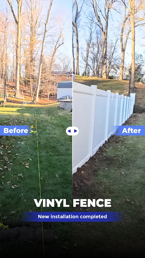Before-and-after of a white vinyl picket fence installation